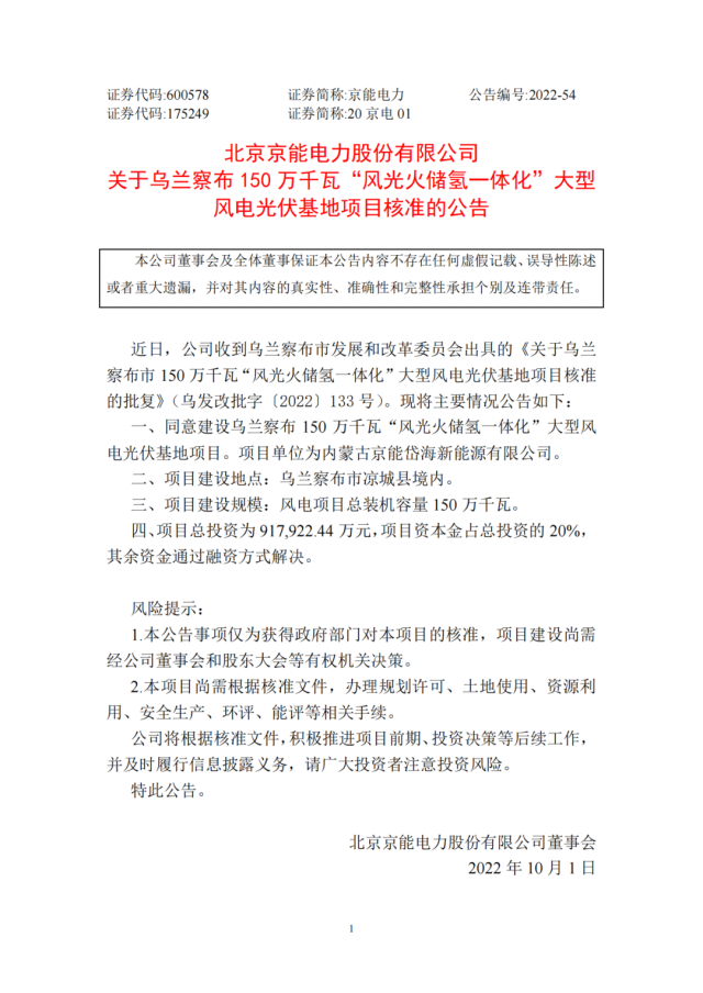京能電力150萬(wàn)千瓦“風(fēng)光火儲(chǔ)氫”基地獲批！