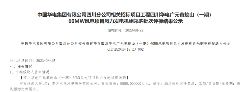 160MW！華電2個風(fēng)電項目候選人公示