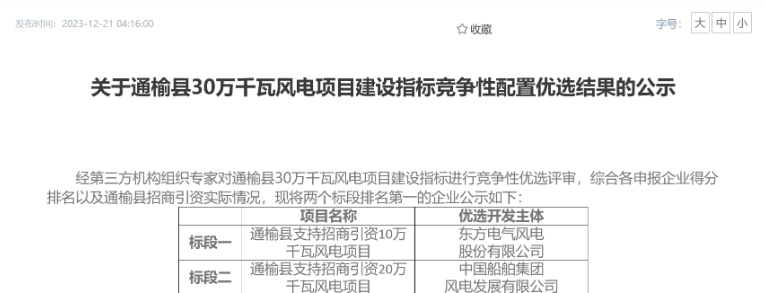 中船風電、東方風電獲風電項目競配指標