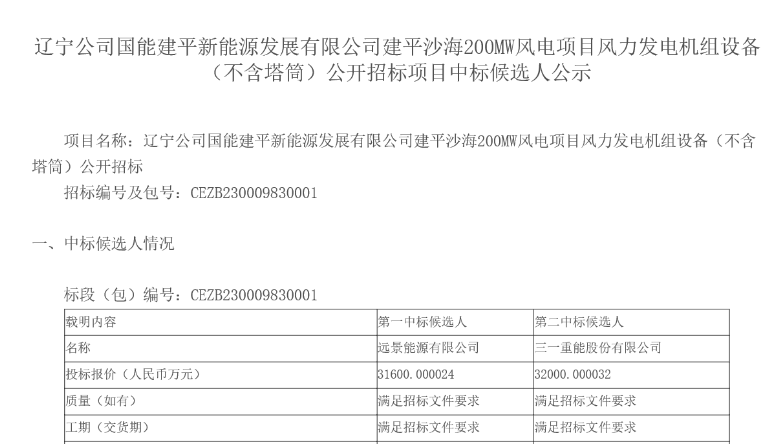 國能200MW風(fēng)電項目中標候選人公示